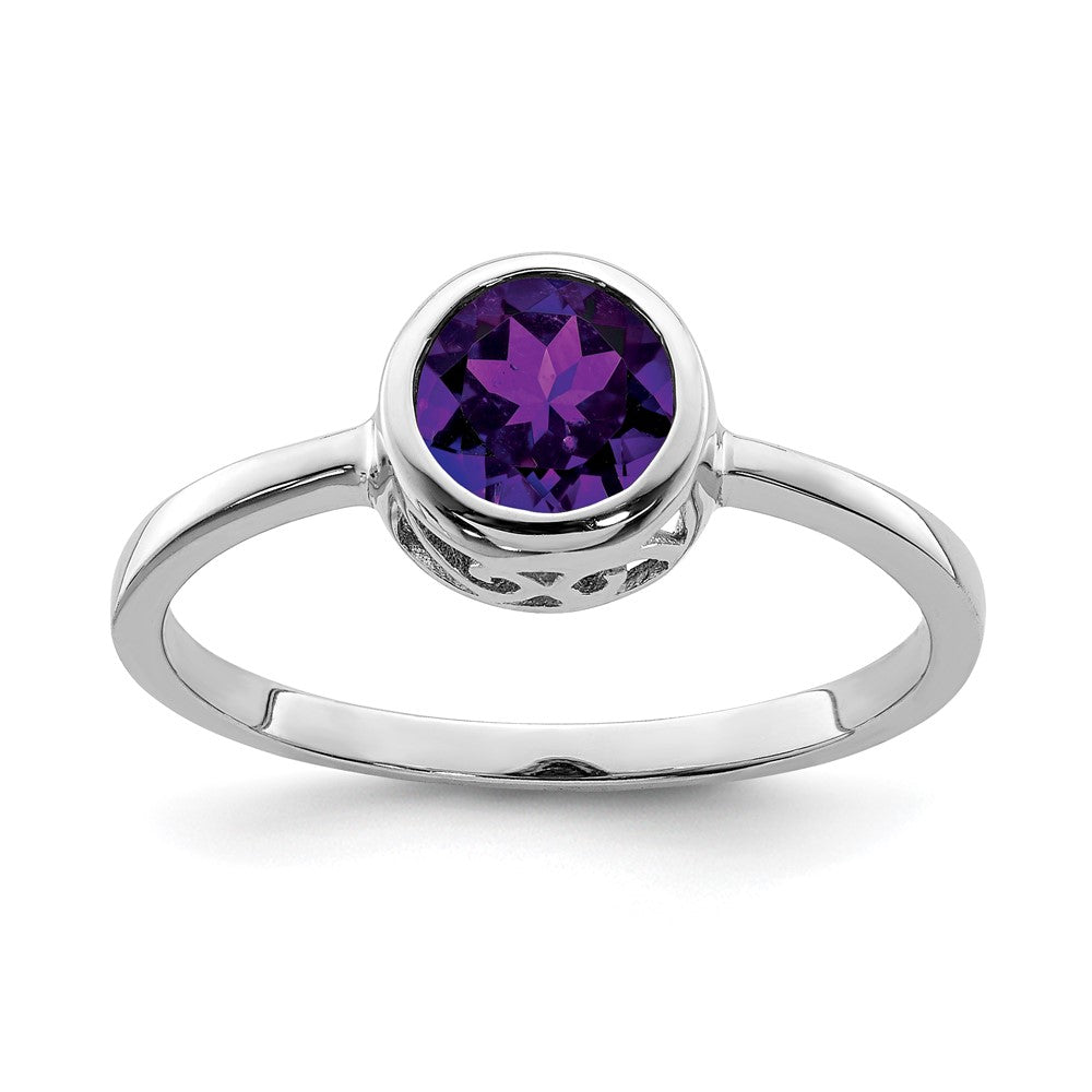 Sterling Silver Rhodium Plated Polished Amethyst Round Ring