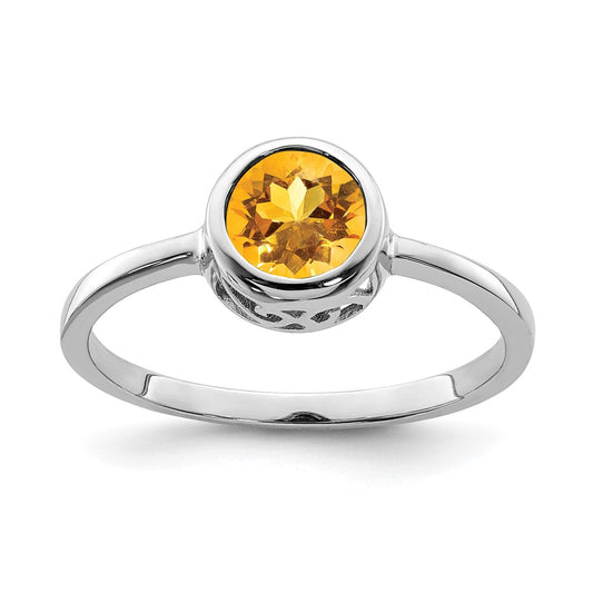 Sterling Silver Rhodium Plated Polished Citrine Round Ring