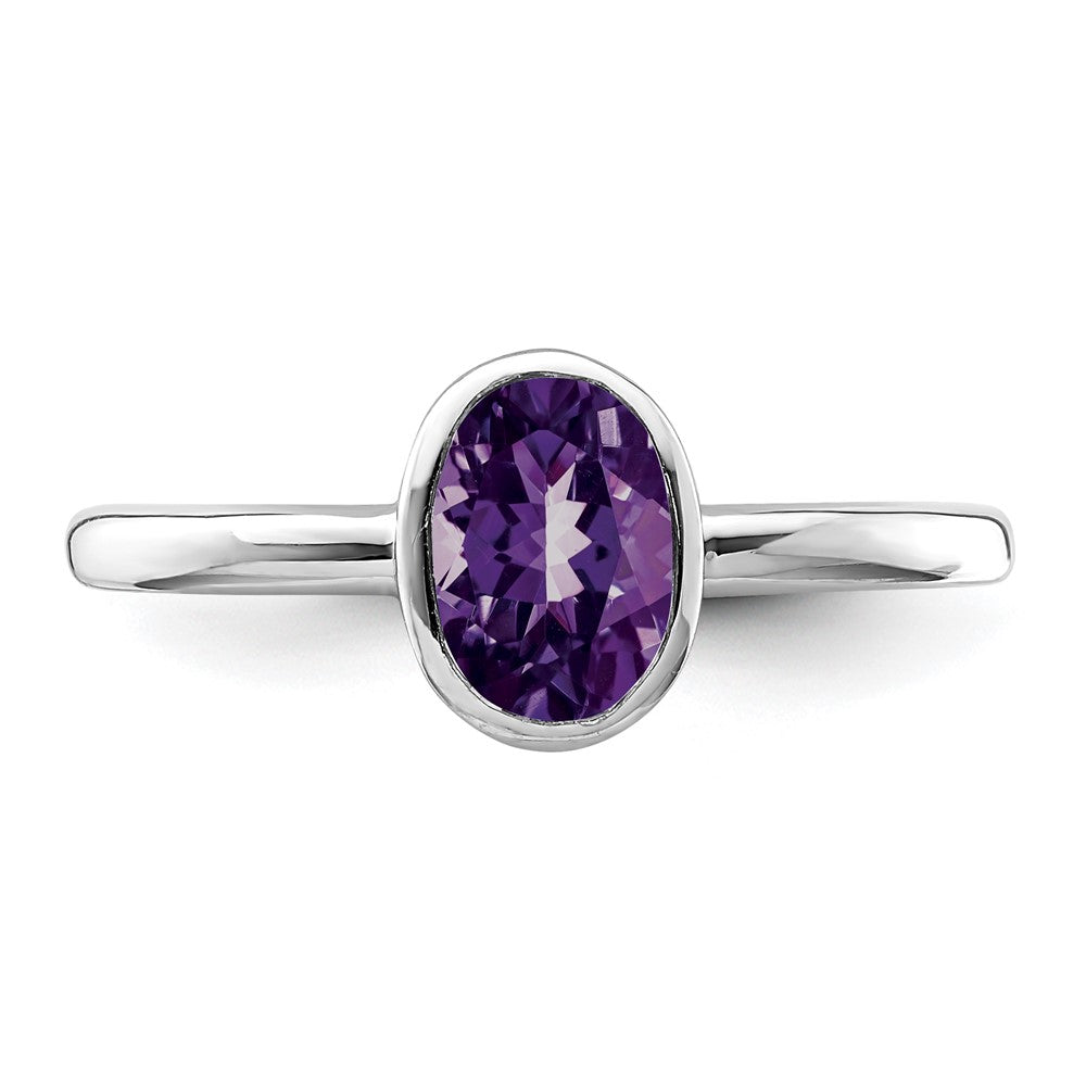 Sterling Silver Rhodium Plated Polished Amethyst Oval Ring