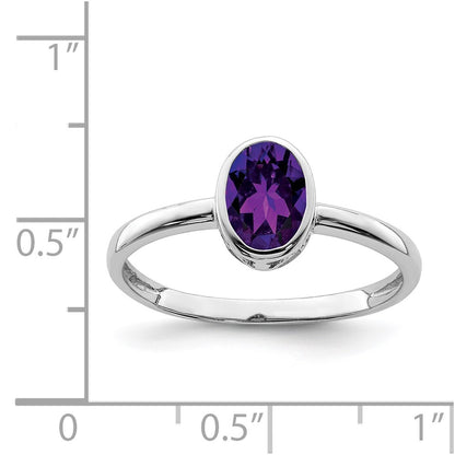 Sterling Silver Rhodium Plated Polished Amethyst Oval Ring