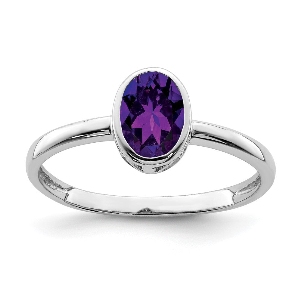 Sterling Silver Rhodium Plated Polished Amethyst Oval Ring