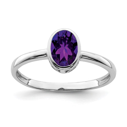 Sterling Silver Rhodium Plated Polished Amethyst Oval Ring