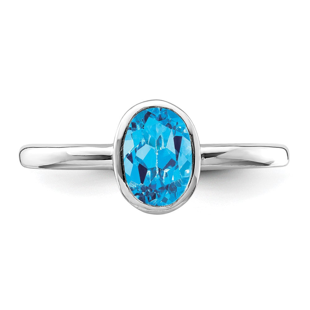 Sterling Silver Rhodium Plated Polished Blue Topaz Oval Ring