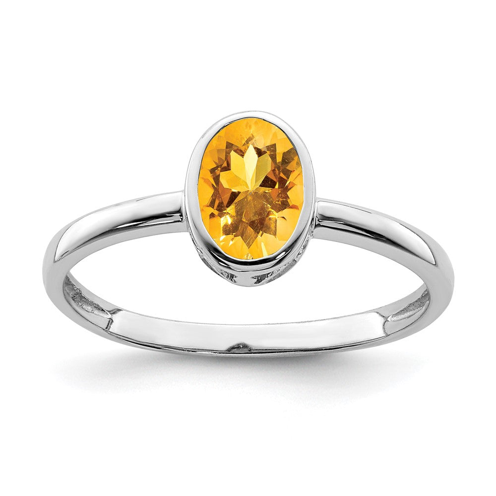 Sterling Silver Rhodium Plated Polished Citrine Oval Ring