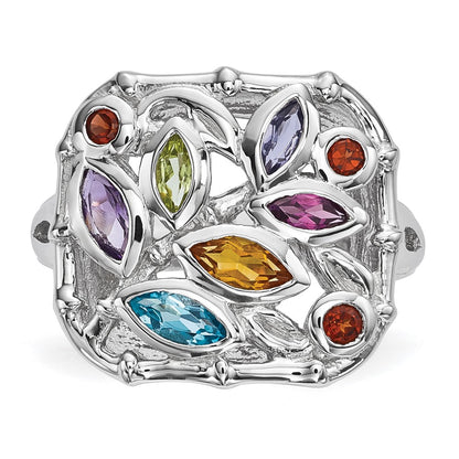 Sterling Silver Rhodium Plated Multi Gemstone Ring