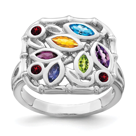 Sterling Silver Rhodium Plated Multi Gemstone Ring