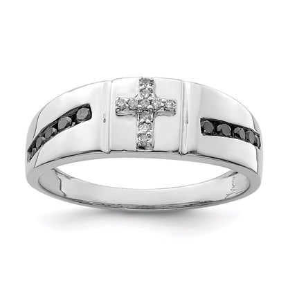 Sterling Silver Rhodium Plated Black And White Diamond Cross Men'S Ring