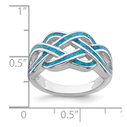 Sterling Silver Rhodium Plated Lab Created Blue Opal Inlay Celtic Knot Ring