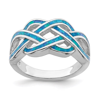 Sterling Silver Rhodium Plated Lab Created Blue Opal Inlay Celtic Knot Ring