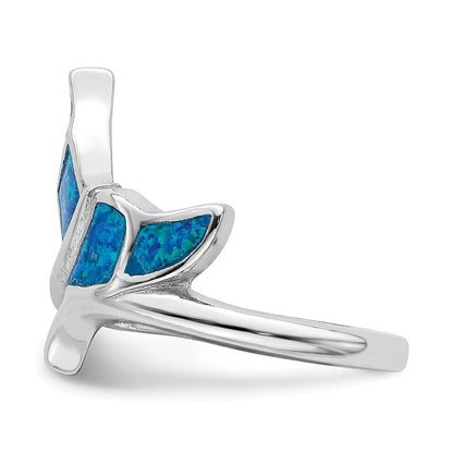Sterling Silver Rhod Plated Blue Inlay Created Opal Whale Tail Ring (Size 6 Only)