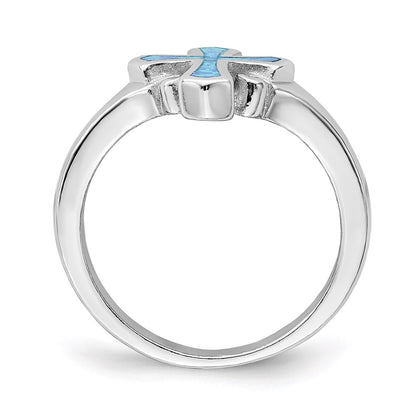 Sterling Silver Rhodium Plated Blue Inlay Created Opal Cross Ring