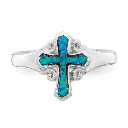 Sterling Silver Rhodium Plated Blue Inlay Created Opal Cross Ring