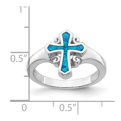 Sterling Silver Rhodium Plated Blue Inlay Created Opal Cross Ring