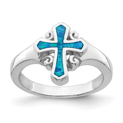Sterling Silver Rhodium Plated Blue Inlay Created Opal Cross Ring