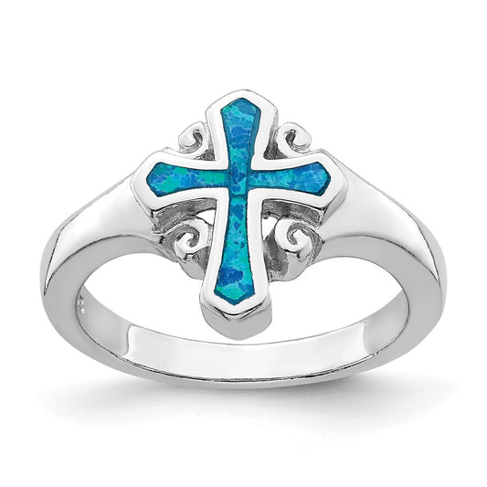 Sterling Silver Rhodium Plated Blue Inlay Created Opal Cross Ring