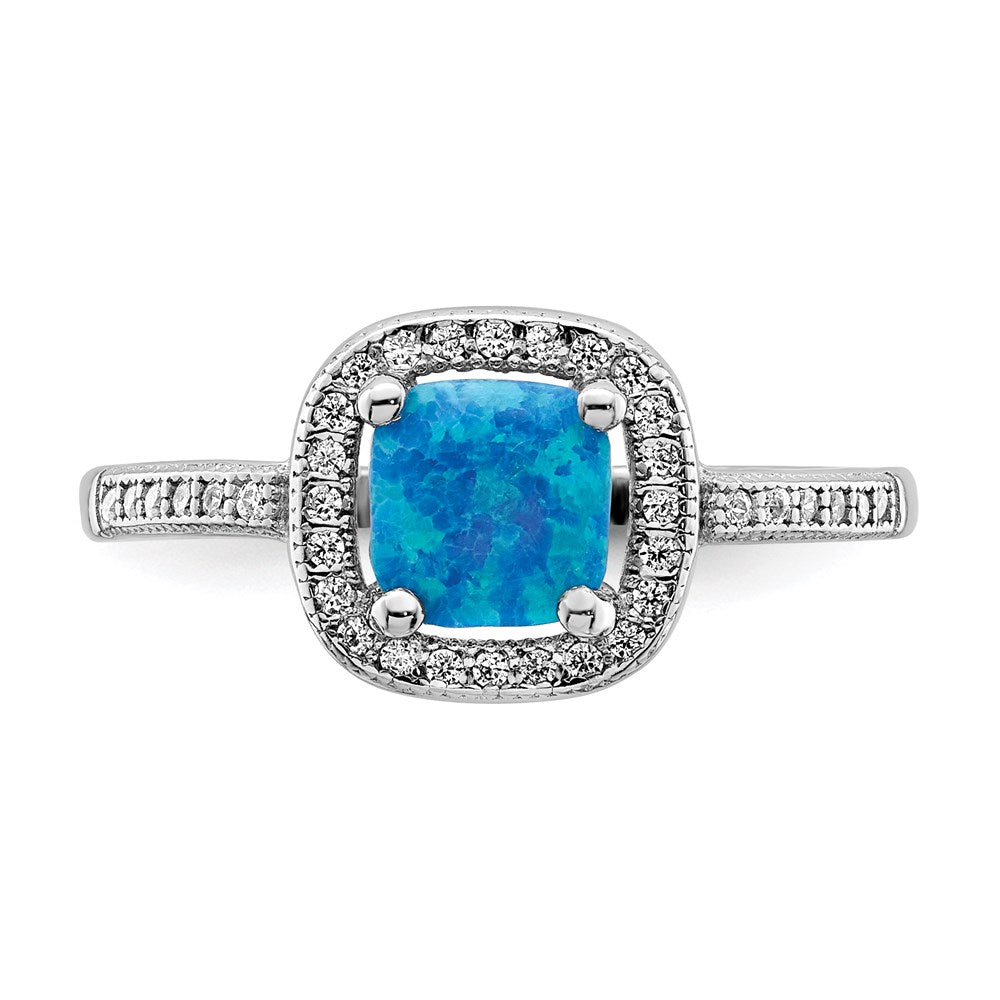 Sterling Silver Rhodium Plated Square Blue Created Opal Cz Ring