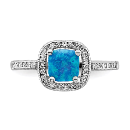 Sterling Silver Rhodium Plated Square Blue Created Opal Cz Ring