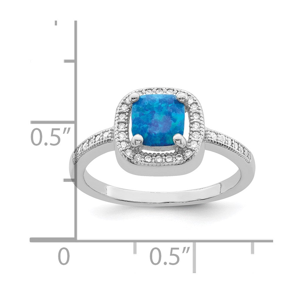 Sterling Silver Rhodium Plated Square Blue Created Opal Cz Ring