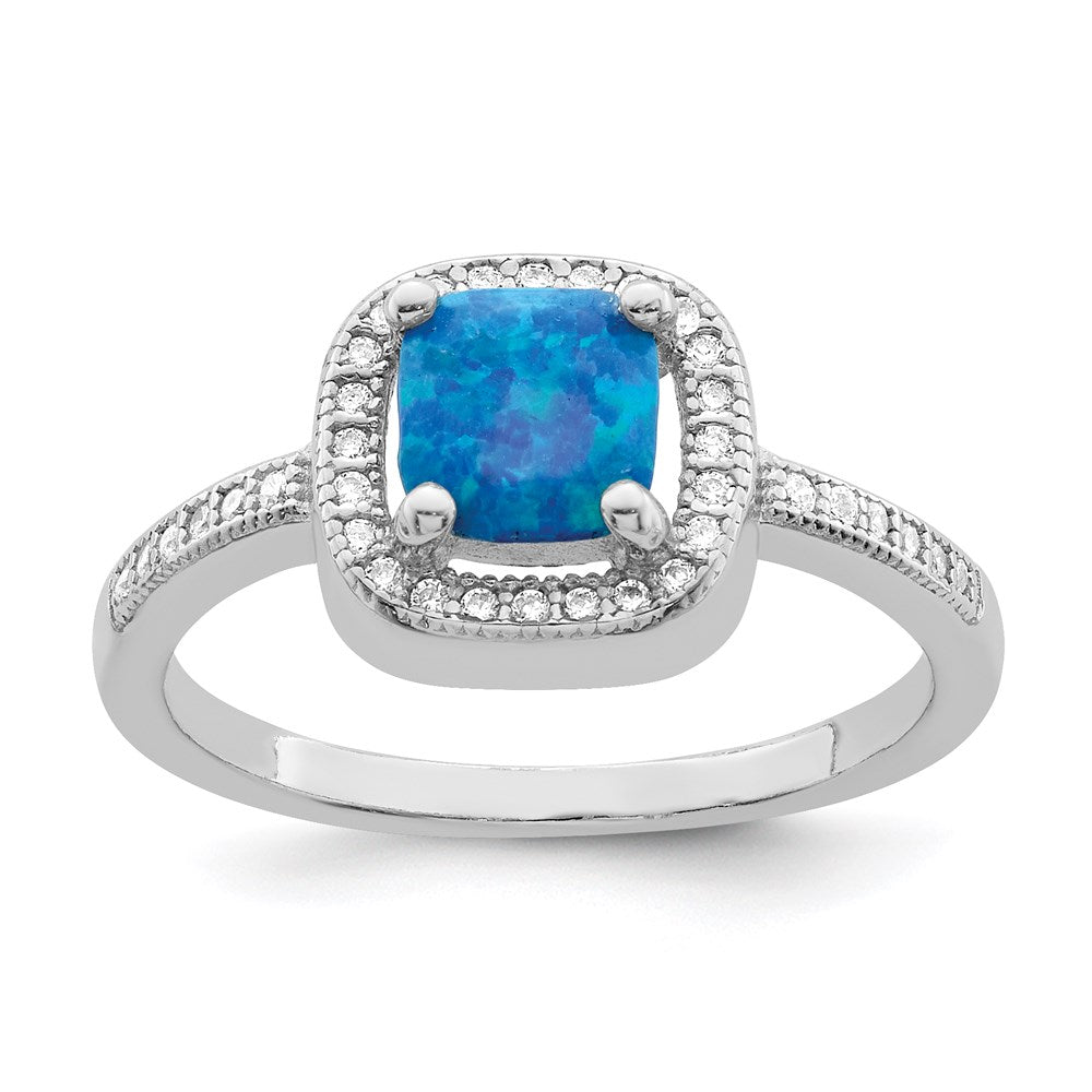 Sterling Silver Rhodium Plated Square Blue Created Opal Cz Ring