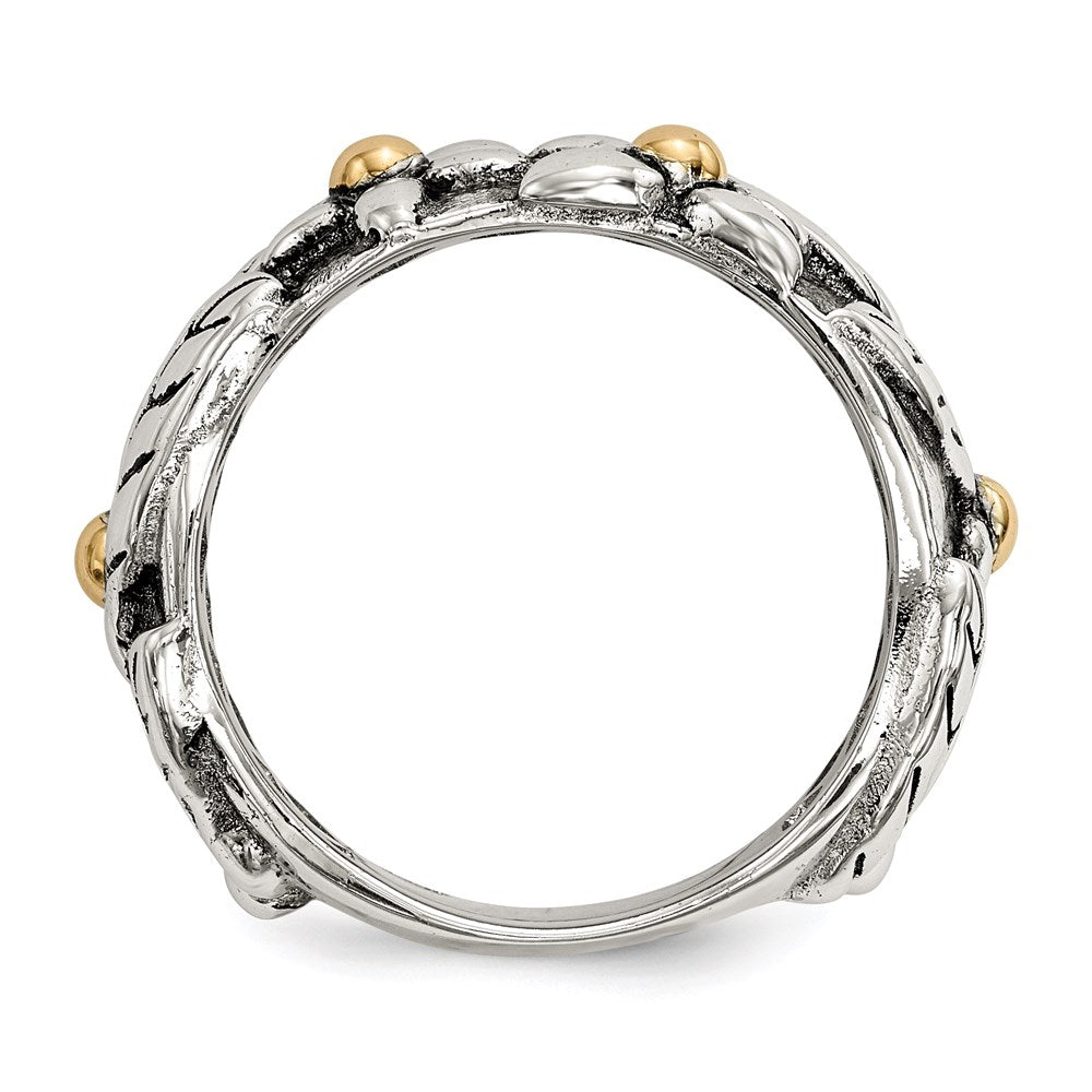 Silver/14K Two Tone Sterling Silver 14K Antiqued Leaves & Flowers Band