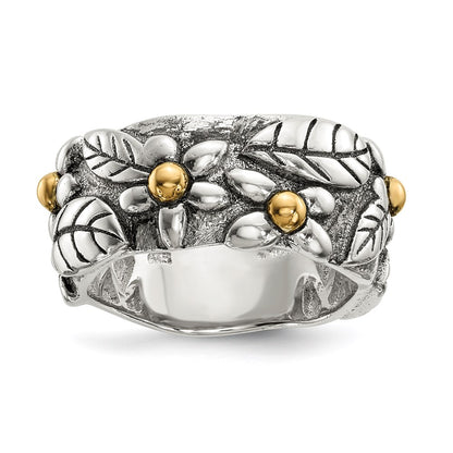 Silver/14K Two Tone Sterling Silver 14K Antiqued Leaves & Flowers Band