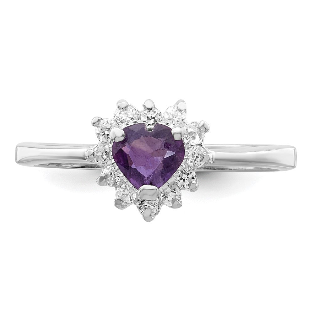 Sterling Silver Rhodium Plated Amethyst And Cz Heart Ring
