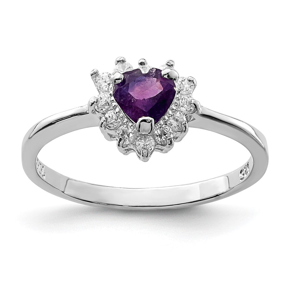 Sterling Silver Rhodium Plated Amethyst And Cz Heart Ring