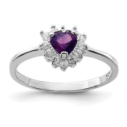 Sterling Silver Rhodium Plated Amethyst And Cz Heart Ring