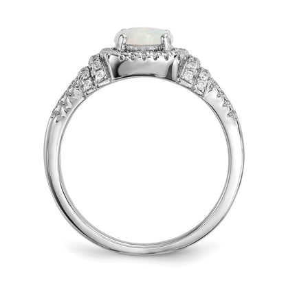 Sterling Silver Rhodium Plated Cz And Lab Created White Opal Ring