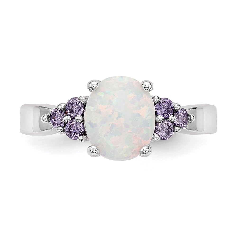 Sterling Silver Rhodium Plated Oval Created Opal Purple Cz Ring