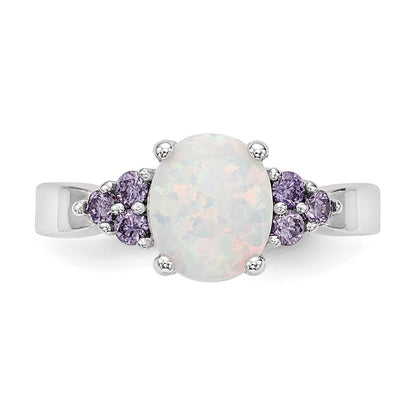 Sterling Silver Rhodium Plated Oval Created Opal Purple Cz Ring