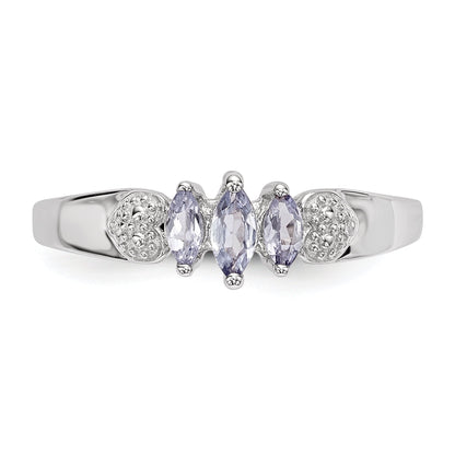 Sterling Silver Rhodium 3 Stone Tanzanite And Diamond Ring (Size 8 Only)