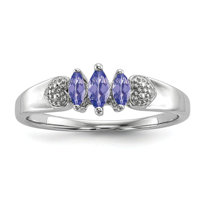 Sterling Silver Rhodium 3 Stone Tanzanite And Diamond Ring (Size 8 Only)