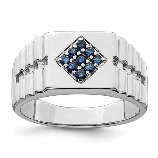 Sterling Silver Rhodium Plated Men'S Blue Sapphire Ring