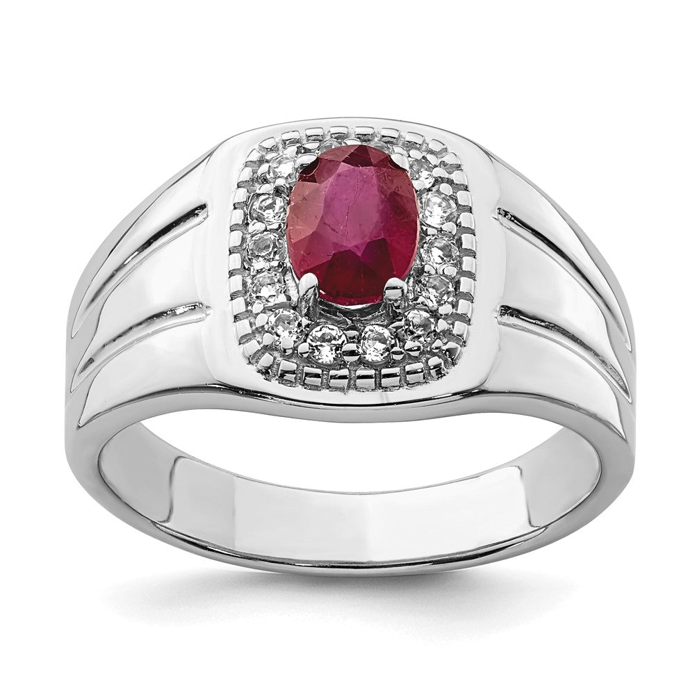 Sterling Silver Rhod Plated Men'S African Ruby And White Topaz Ring