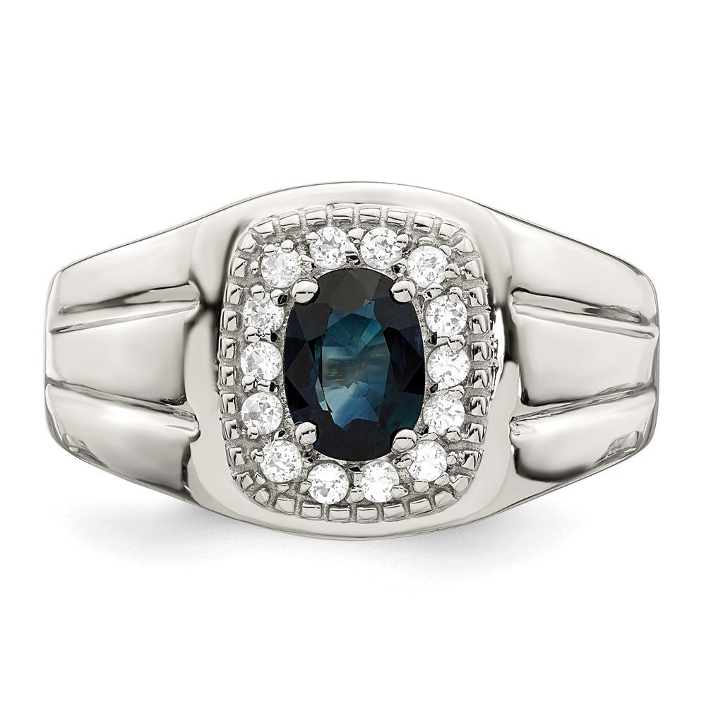 Sterling Silver Rhod Plated Men'S Blue Sapphire And White Topaz Ring