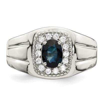 Sterling Silver Rhod Plated Men'S Blue Sapphire And White Topaz Ring