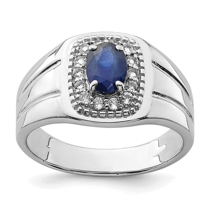 Sterling Silver Rhod Plated Men'S Blue Sapphire And White Topaz Ring