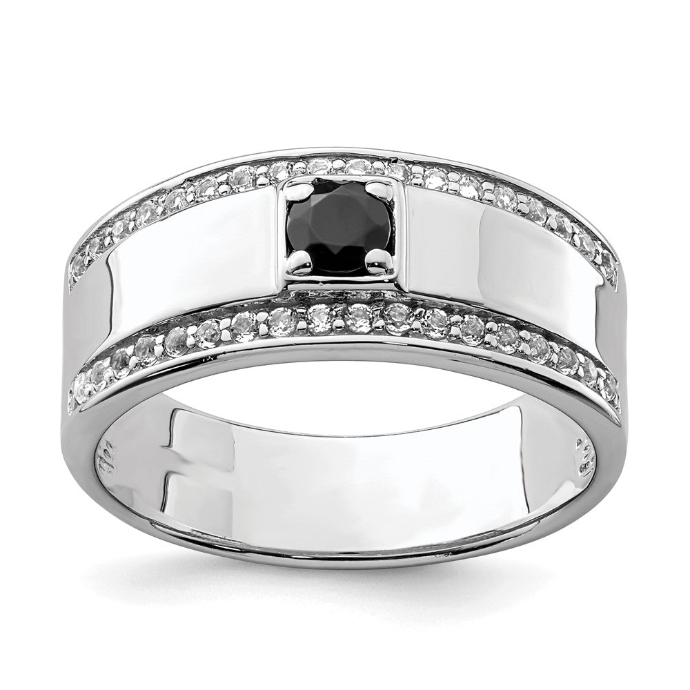 Sterling Silver Rhodium Plated Men'S Onyx And White Topaz Ring