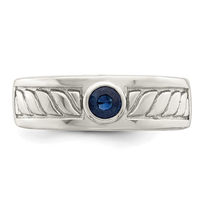 Sterling Silver Rhodium Plated Men'S Blue Sapphire Ring