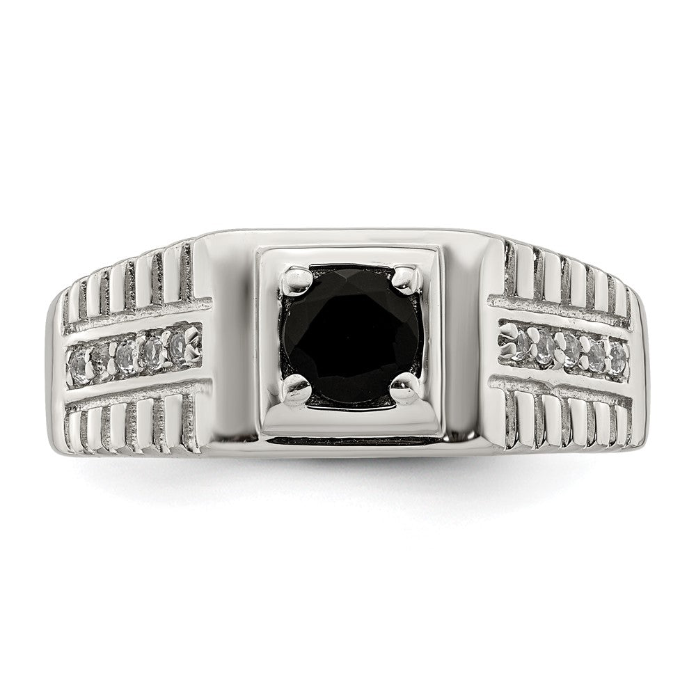 Sterling Silver Rhodium Plated Men'S Onyx And White Topaz Ring