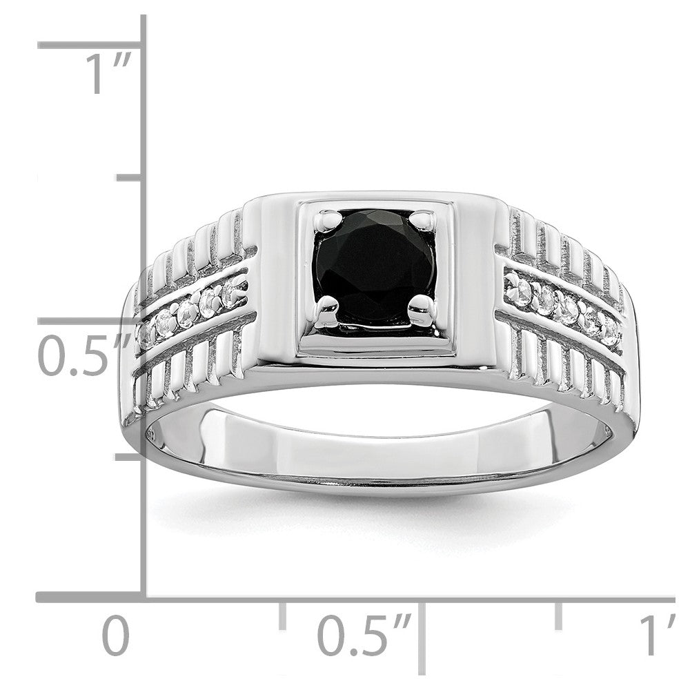 Sterling Silver Rhodium Plated Men'S Onyx And White Topaz Ring