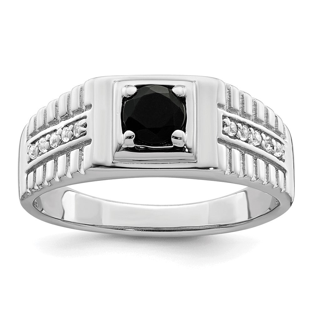 Sterling Silver Rhodium Plated Men'S Onyx And White Topaz Ring