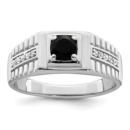 Sterling Silver Rhodium Plated Men'S Onyx And White Topaz Ring