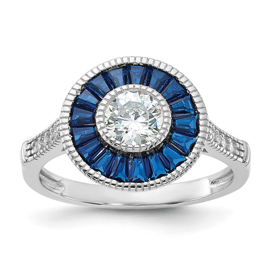 Sterling Silver Rhodium Plated Synthetic Blue Spinel And Cz Ring