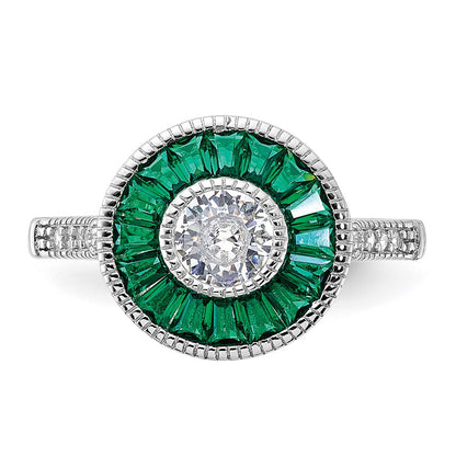 Sterling Silver Rhodium Plated Synthetic Green Spinel And Cz Ring
