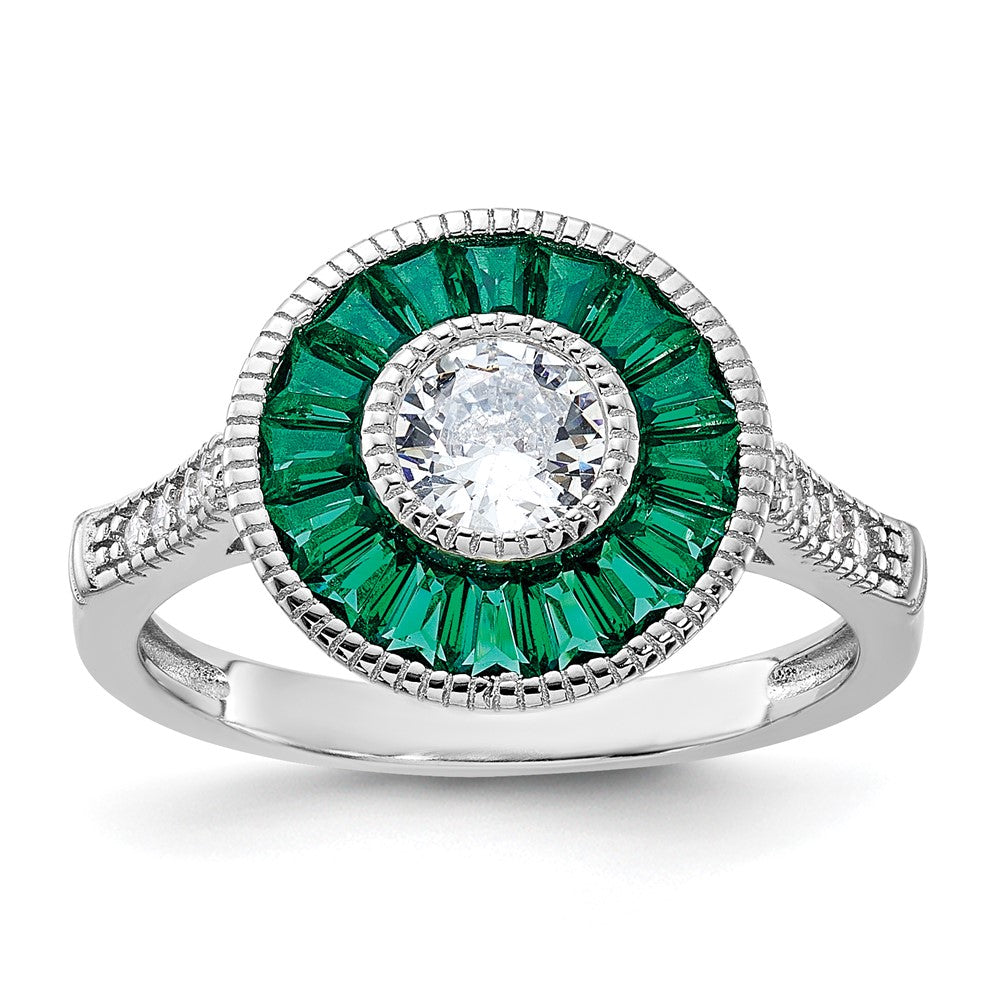 Sterling Silver Rhodium Plated Synthetic Green Spinel And Cz Ring