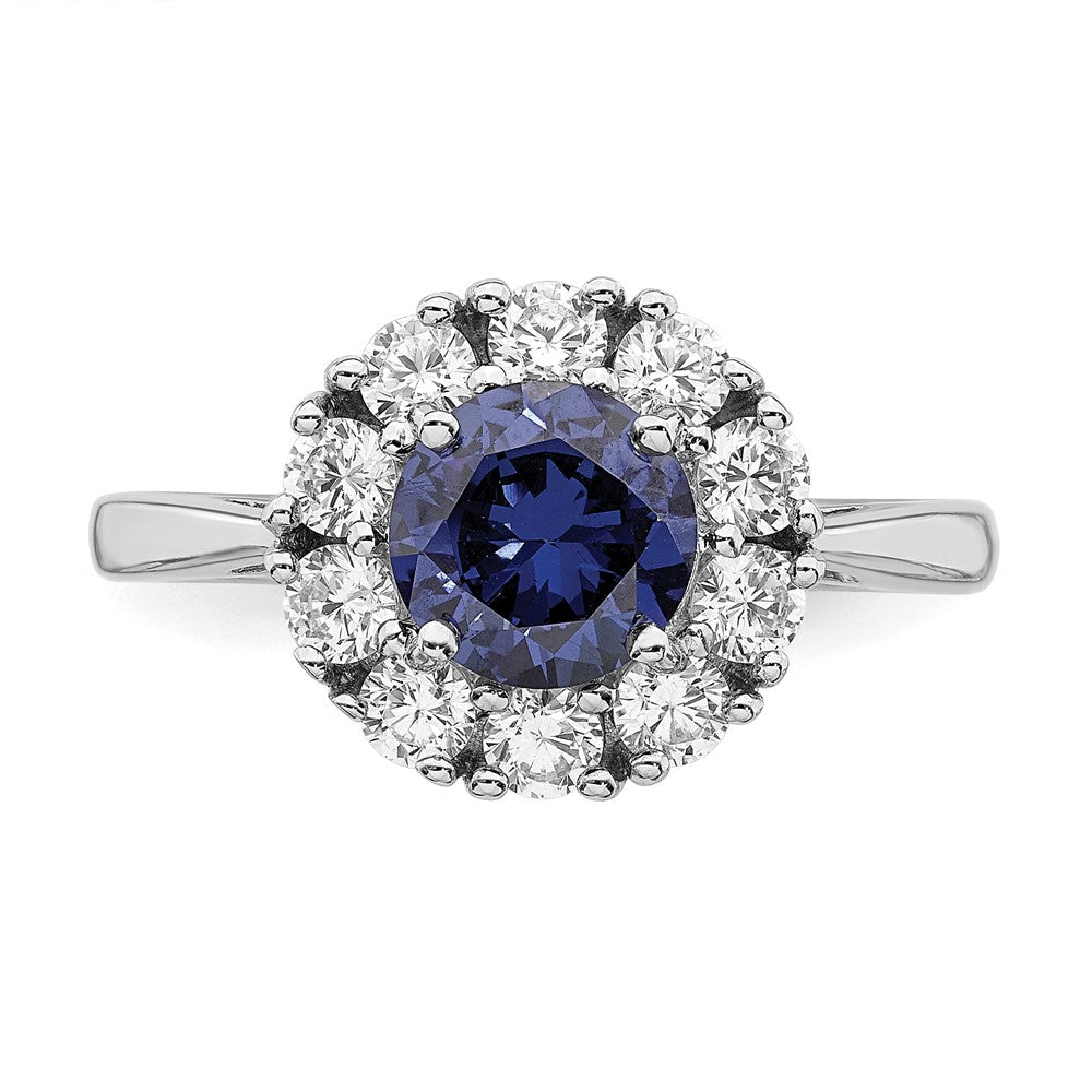 Sterling Silver Rhodium Plated Blue And White Cz Halo Ring
