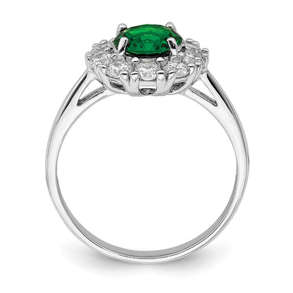 Sterling Silver Rhodium Plated Green Glass And Cz Halo Ring