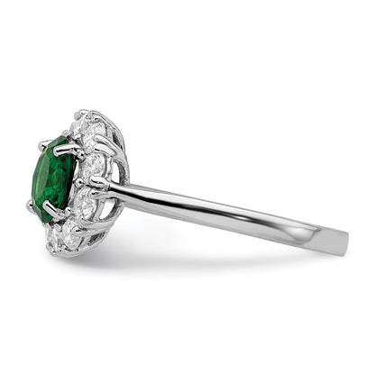 Sterling Silver Rhodium Plated Green Glass And Cz Halo Ring